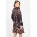 Black Floral Printed Long Sleeve A Line Dress